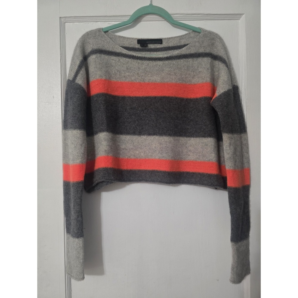 360 Cashmere Women's Gray Orange Striped Cropped Sweater 100% Cashmere Size M